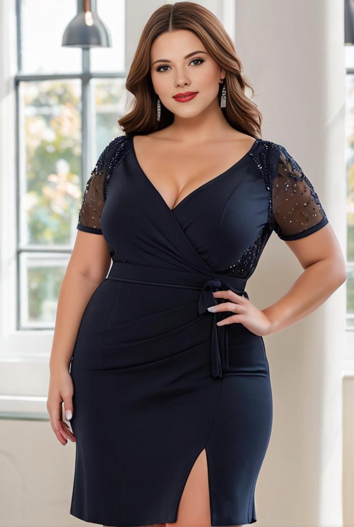 plus size front slit short sleeve with sequin mother of the bride dress 146712