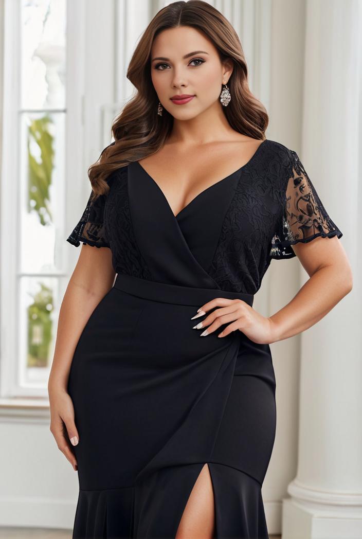 plus size front slit short sleeve with sequin mother of the bride dress 146714