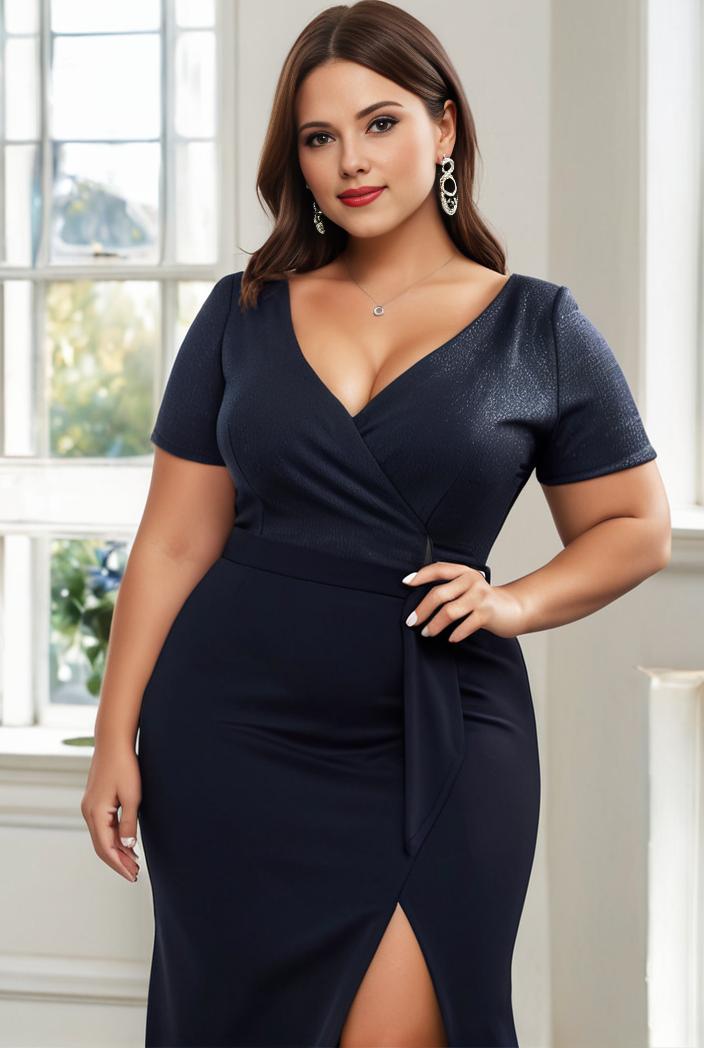 plus size front slit short sleeve with sequin mother of the bride dress 146715