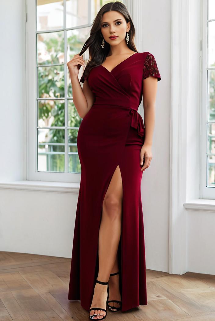 plus size front slit short sleeve with sequin mother of the bride dress 146740