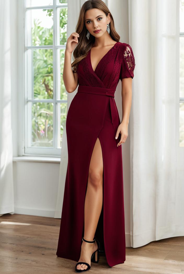 plus size front slit short sleeve with sequin mother of the bride dress 146741