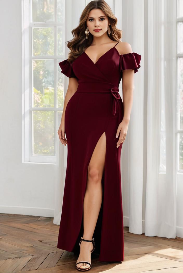 plus size front slit short sleeve with sequin mother of the bride dress 146744