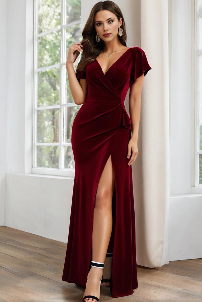 plus size front slit short sleeve with sequin mother of the bride dress 146745