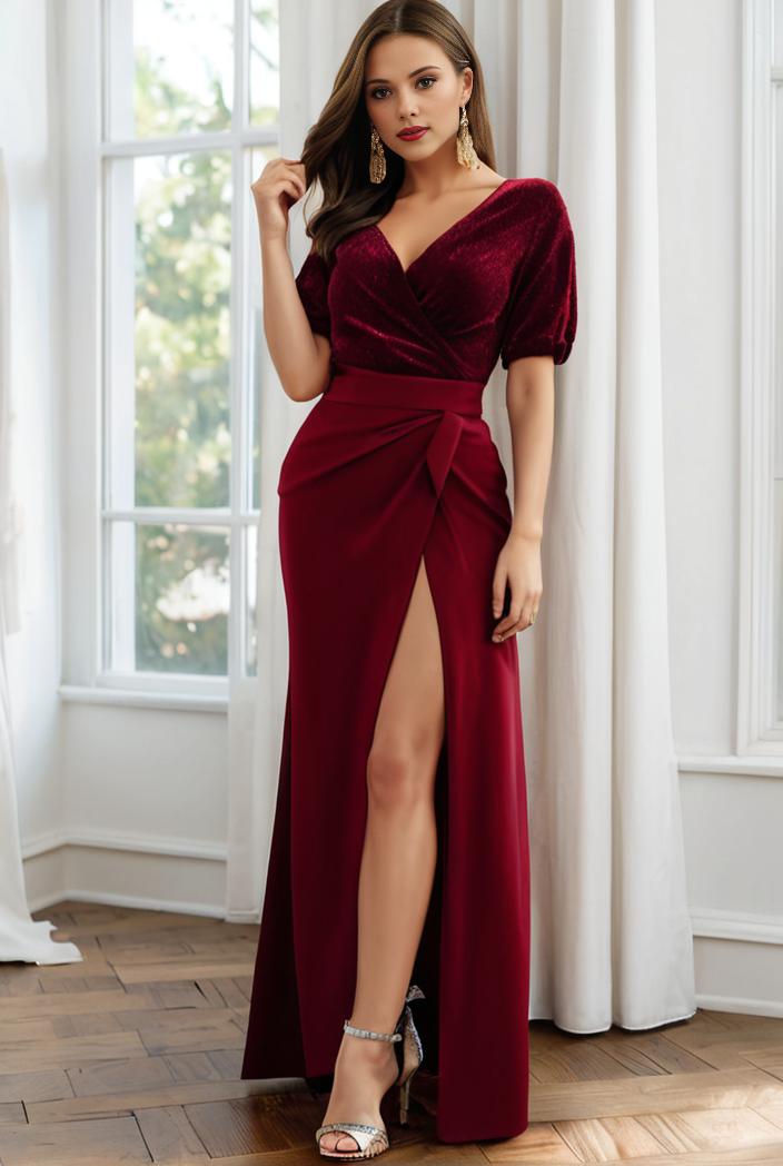 plus size front slit short sleeve with sequin mother of the bride dress 146747