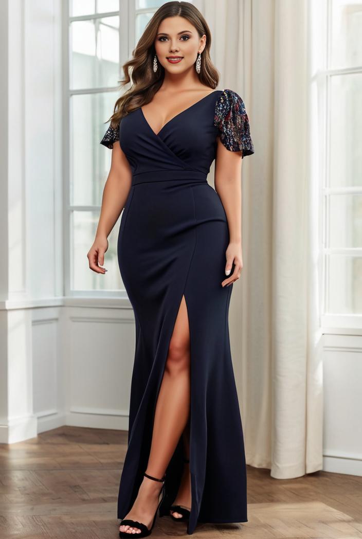 plus size front slit short sleeve with sequin mother of the bride dress 146759