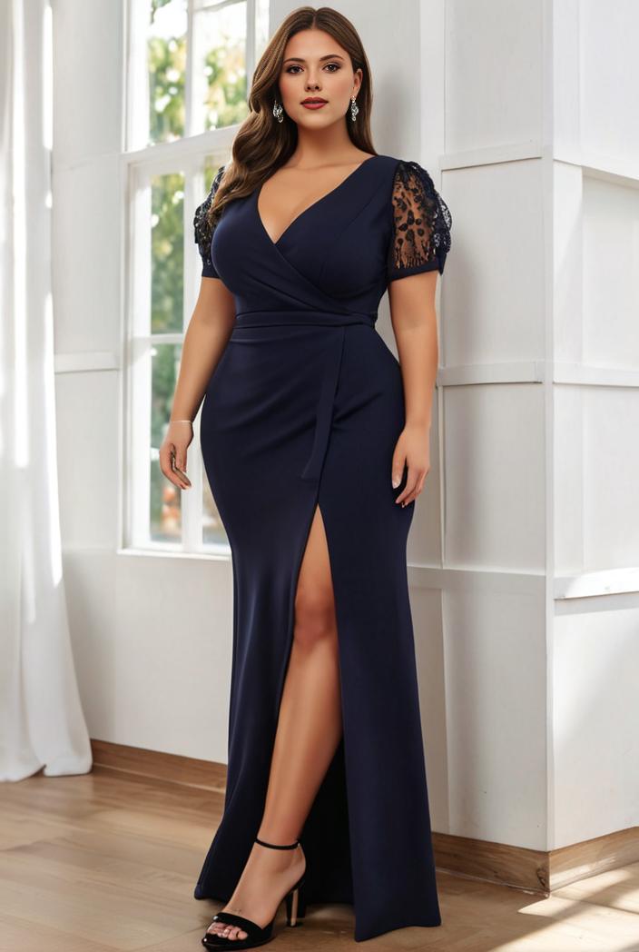 plus size front slit short sleeve with sequin mother of the bride dress 146757