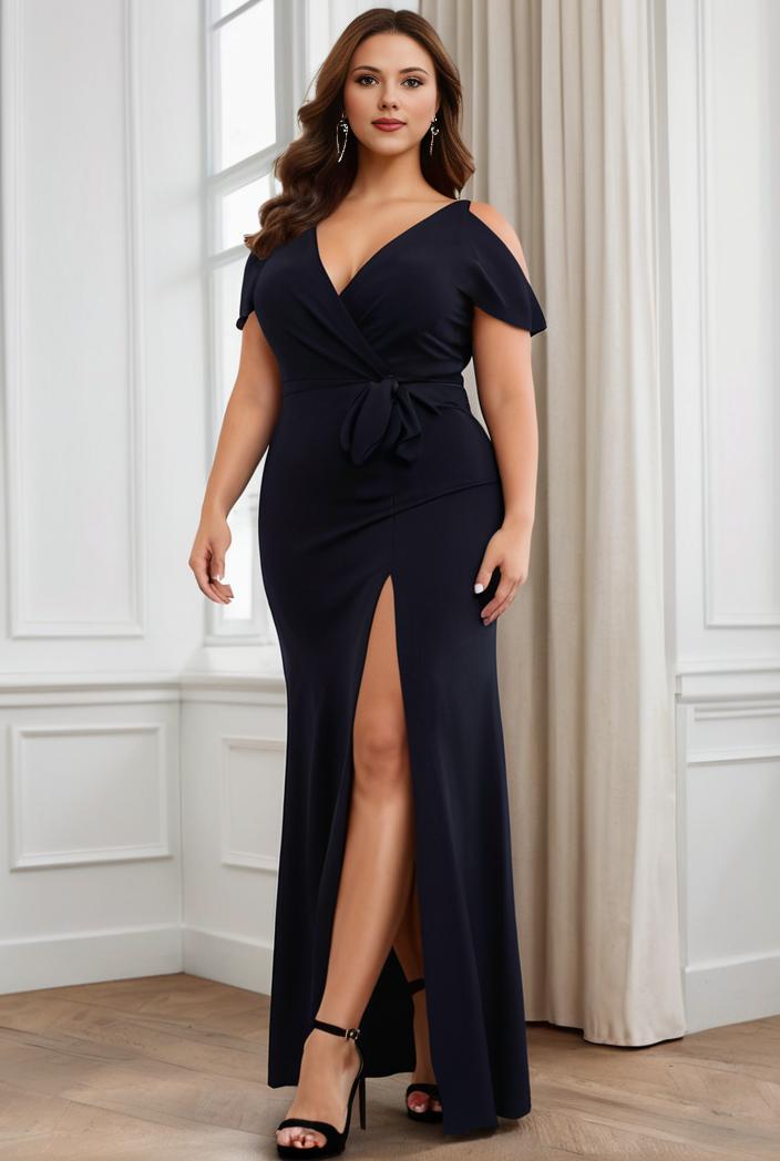 plus size front slit short sleeve with sequin mother of the bride dress 146761