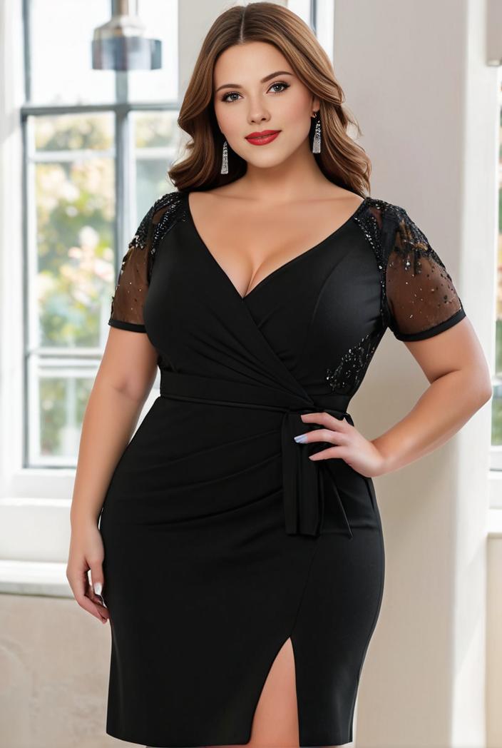 plus size front slit short sleeve with sequin mother of the bride dress 146768