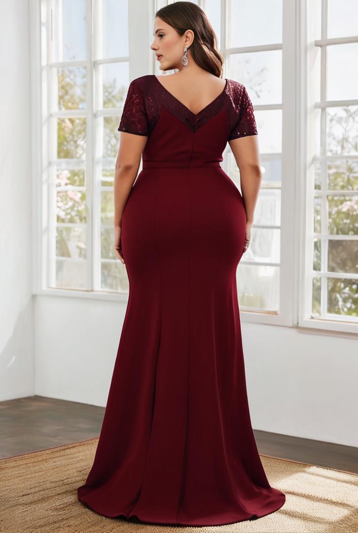 plus size front slit short sleeve with sequin mother of the bride dress 146778