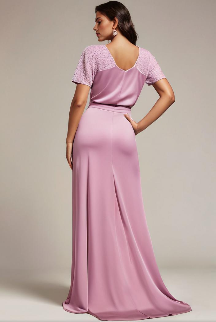 plus size front slit short sleeve with sequin mother of the bride dress 146782