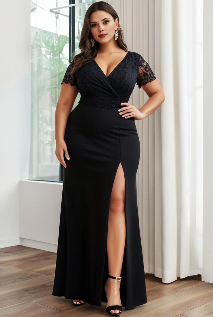 plus size front slit short sleeve with sequin mother of the bride dress 146790