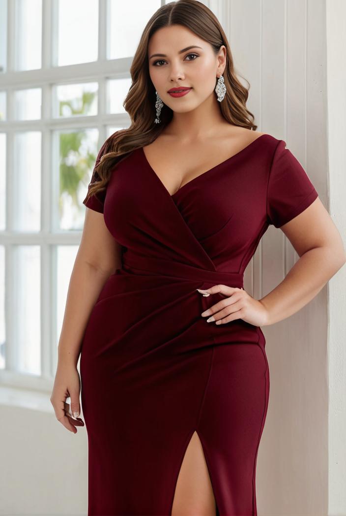 plus size front slit short sleeve with sequin mother of the bride dress 146796