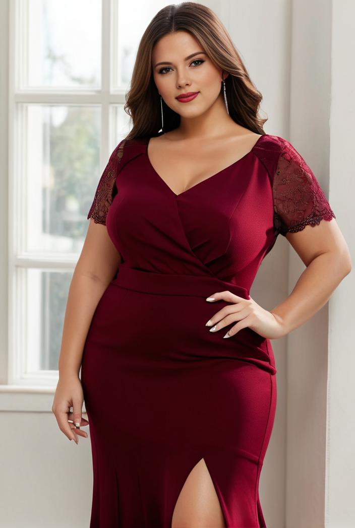 plus size front slit short sleeve with sequin mother of the bride dress 146798