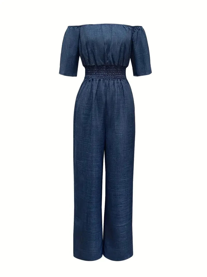 Off Shoulder Wide Leg Jumpsuit for Women: Stylish Casual Short Sleeve Outfit for Spring & Summer