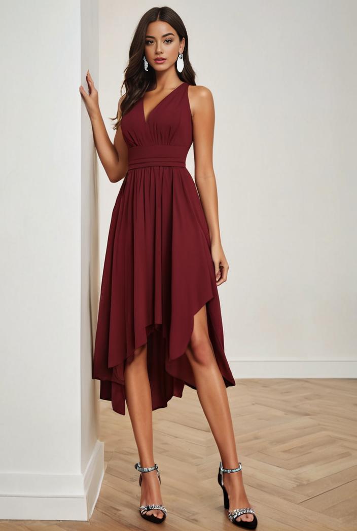 deep v neck lace chiffon bridesmaid dress with asymmetrical hem 137095