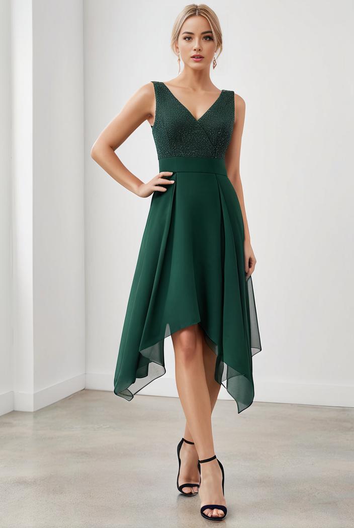 deep v neck lace chiffon bridesmaid dress with asymmetrical hem 137106