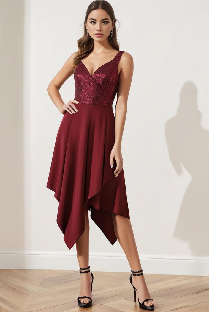 deep v neck lace chiffon bridesmaid dress with asymmetrical hem 137168