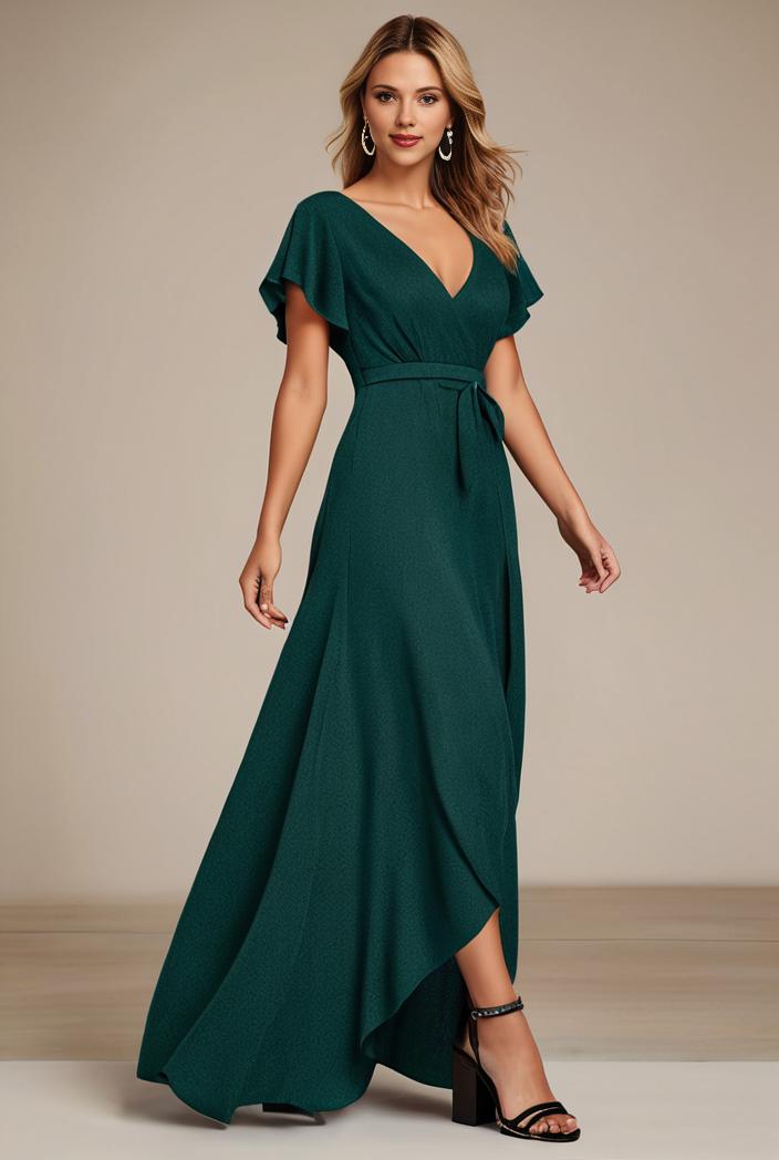 glitter high low front side slit ruffled v neck evening dress 131995
