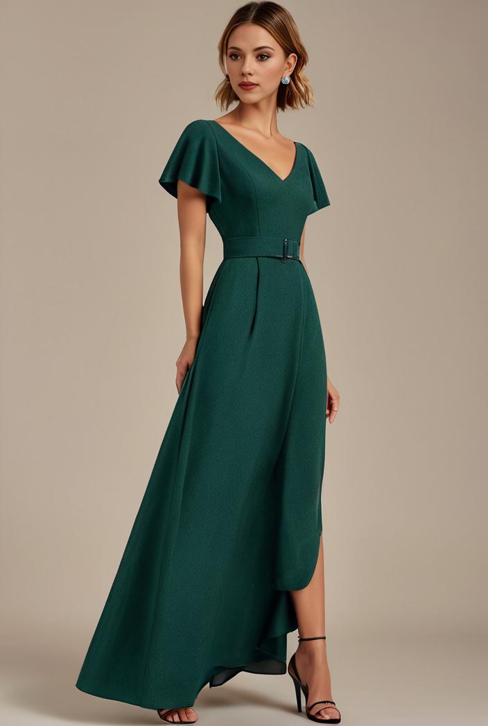 glitter high low front side slit ruffled v neck evening dress 131996