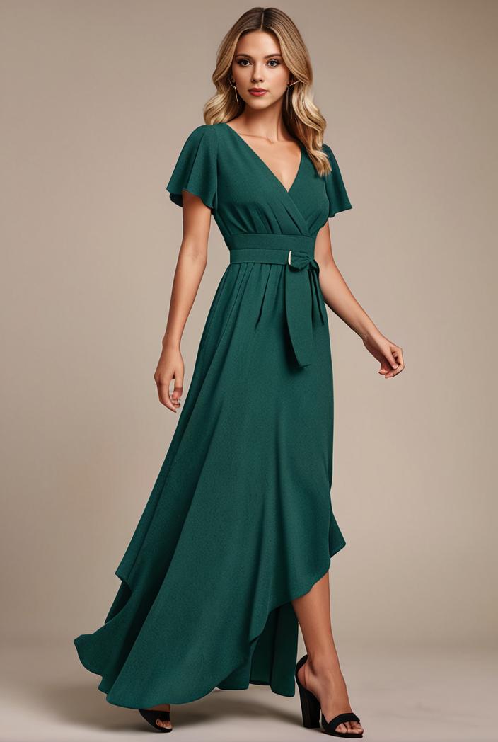 glitter high low front side slit ruffled v neck evening dress 131998
