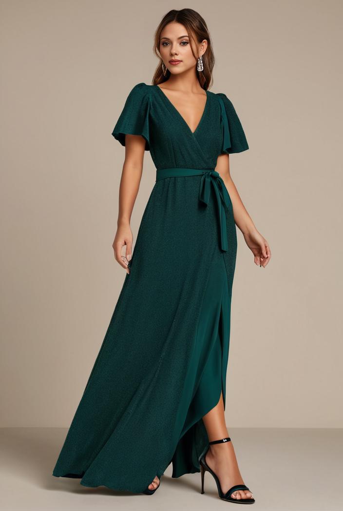 glitter high low front side slit ruffled v neck evening dress 132000