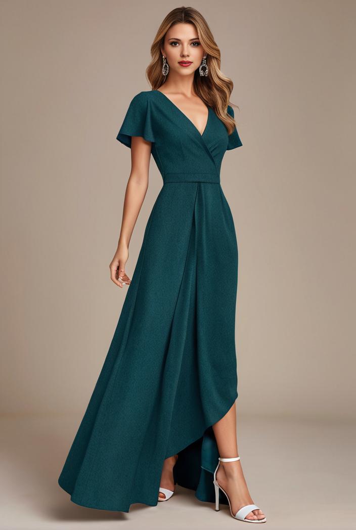 glitter high low front side slit ruffled v neck evening dress 132009