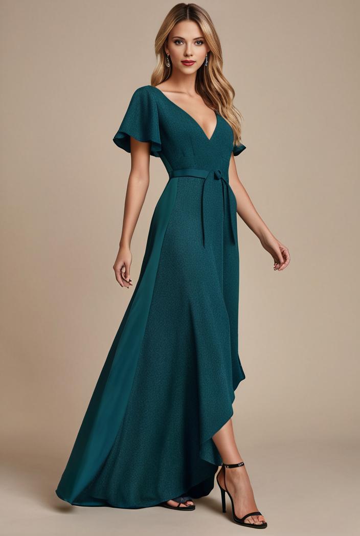 glitter high low front side slit ruffled v neck evening dress 132011