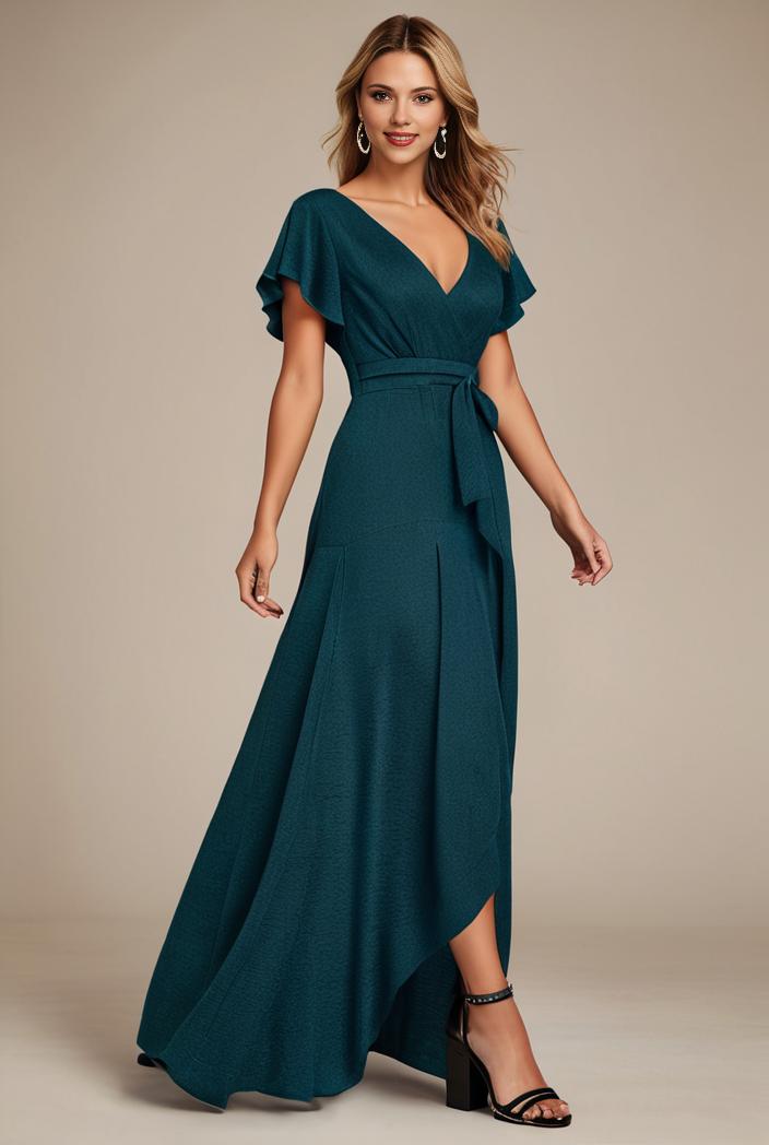 glitter high low front side slit ruffled v neck evening dress 132010