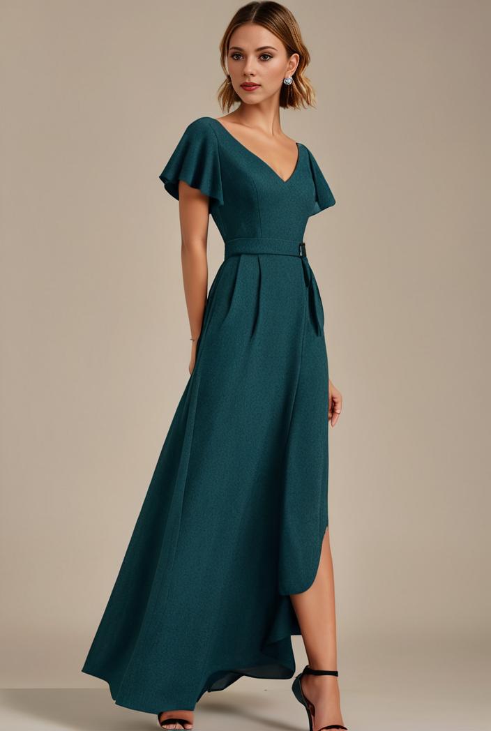 glitter high low front side slit ruffled v neck evening dress 132013
