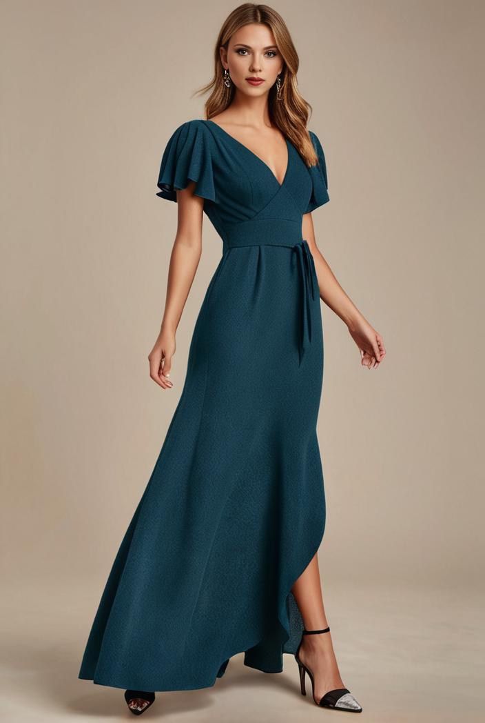 glitter high low front side slit ruffled v neck evening dress 132014