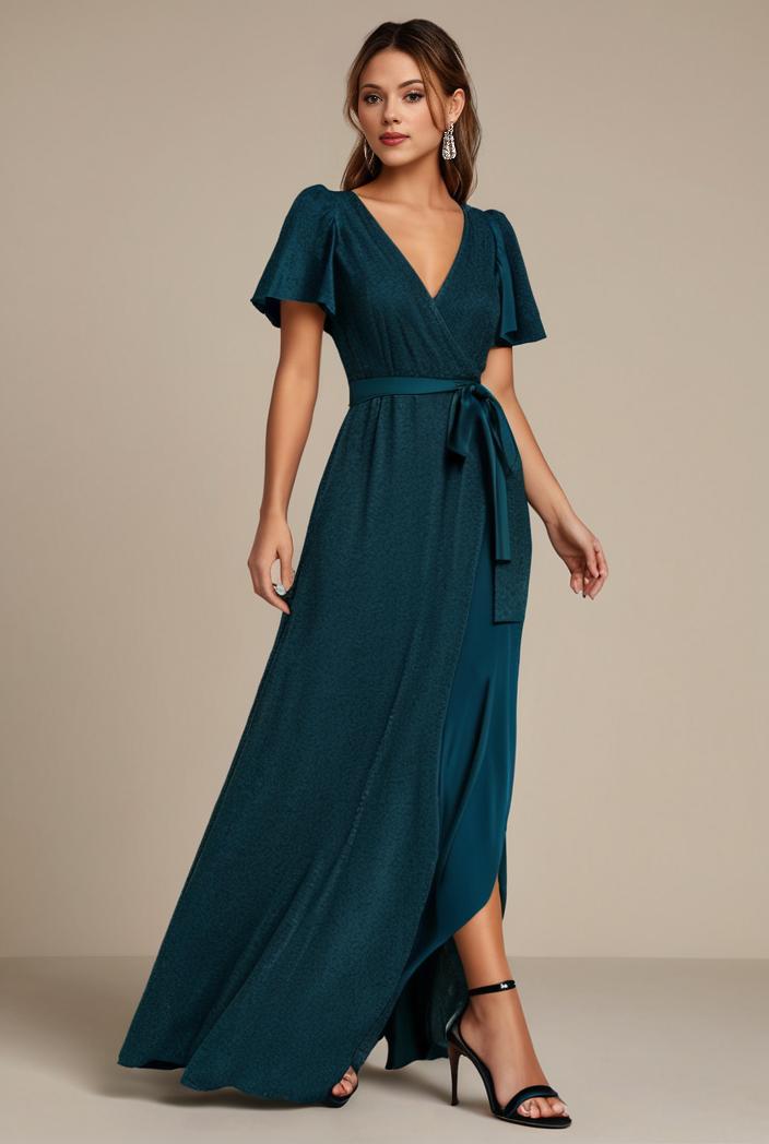 glitter high low front side slit ruffled v neck evening dress 132016