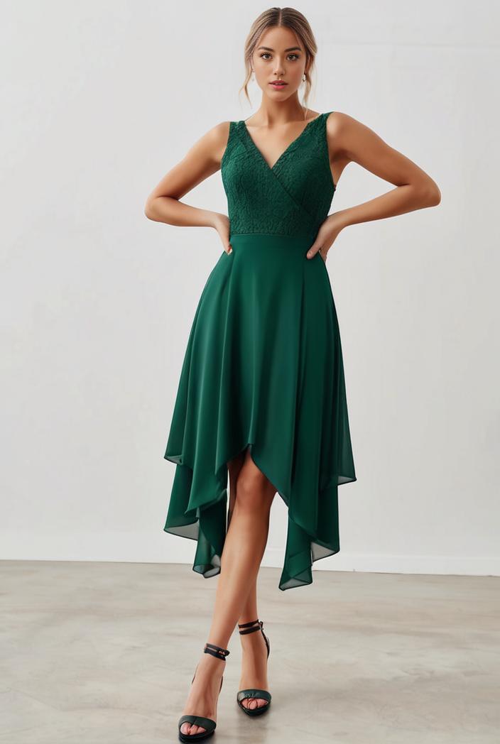 deep v neck lace chiffon bridesmaid dress with asymmetrical hem 137175