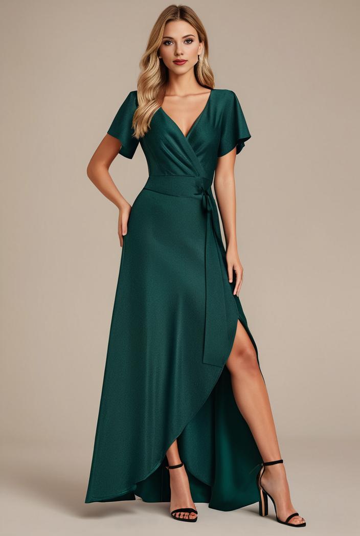 glitter high low front side slit ruffled v neck evening dress 132035