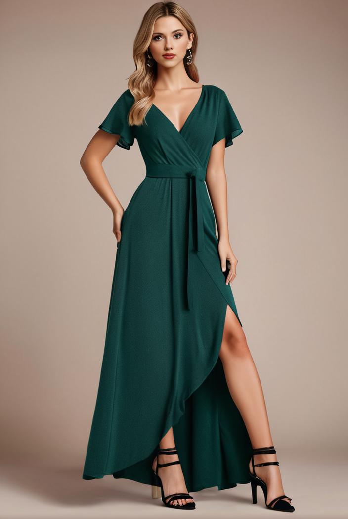 glitter high low front side slit ruffled v neck evening dress 132036