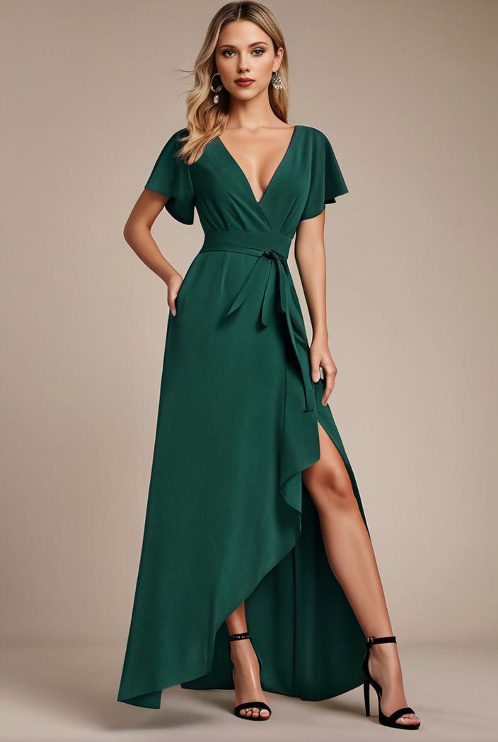 glitter high low front side slit ruffled v neck evening dress 132039