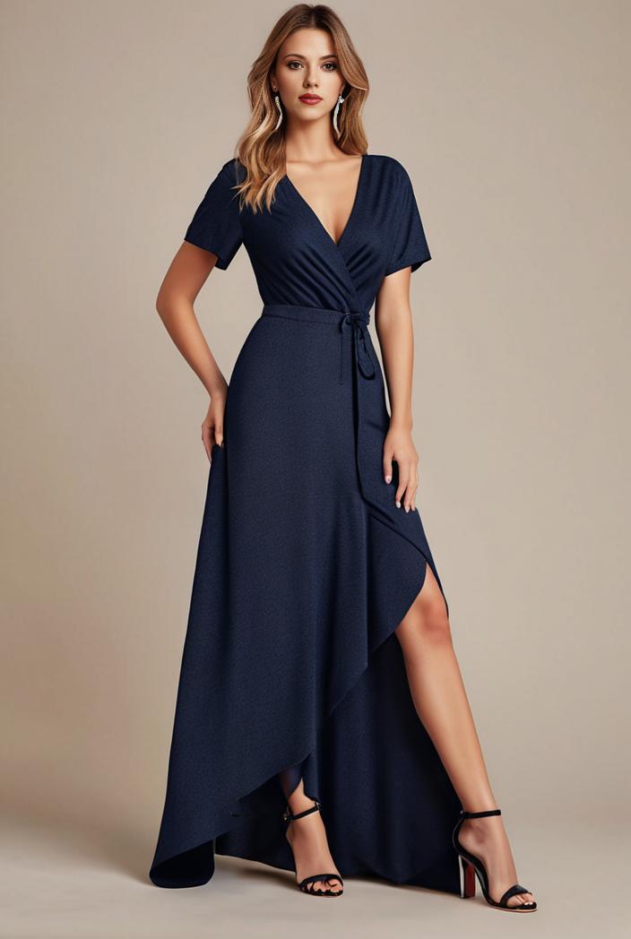 glitter high low front side slit ruffled v neck evening dress 132041