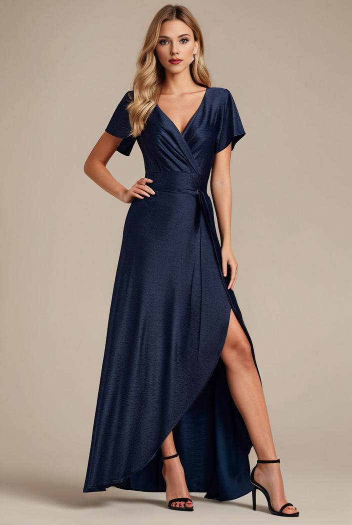 glitter high low front side slit ruffled v neck evening dress 132042