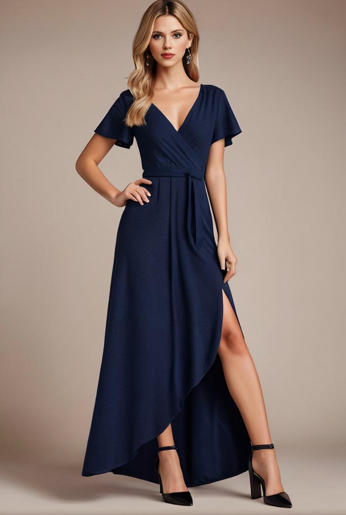 glitter high low front side slit ruffled v neck evening dress 132044