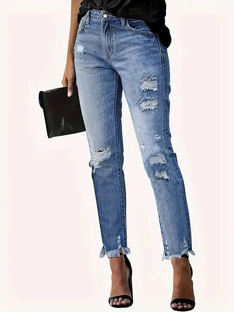 Stylish Blue Distressed Denim Jeans for Women