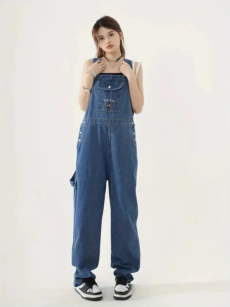 Relaxed Fit Blue Denim Romper with Slant Pockets, Distressed Denim Coverall, Stylish Women's Denim Outfit