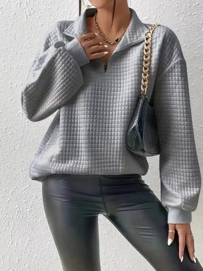 Waffle Grid Quarter Zip Pullover - Stylish Women's Fall & Winter Sweatshirt