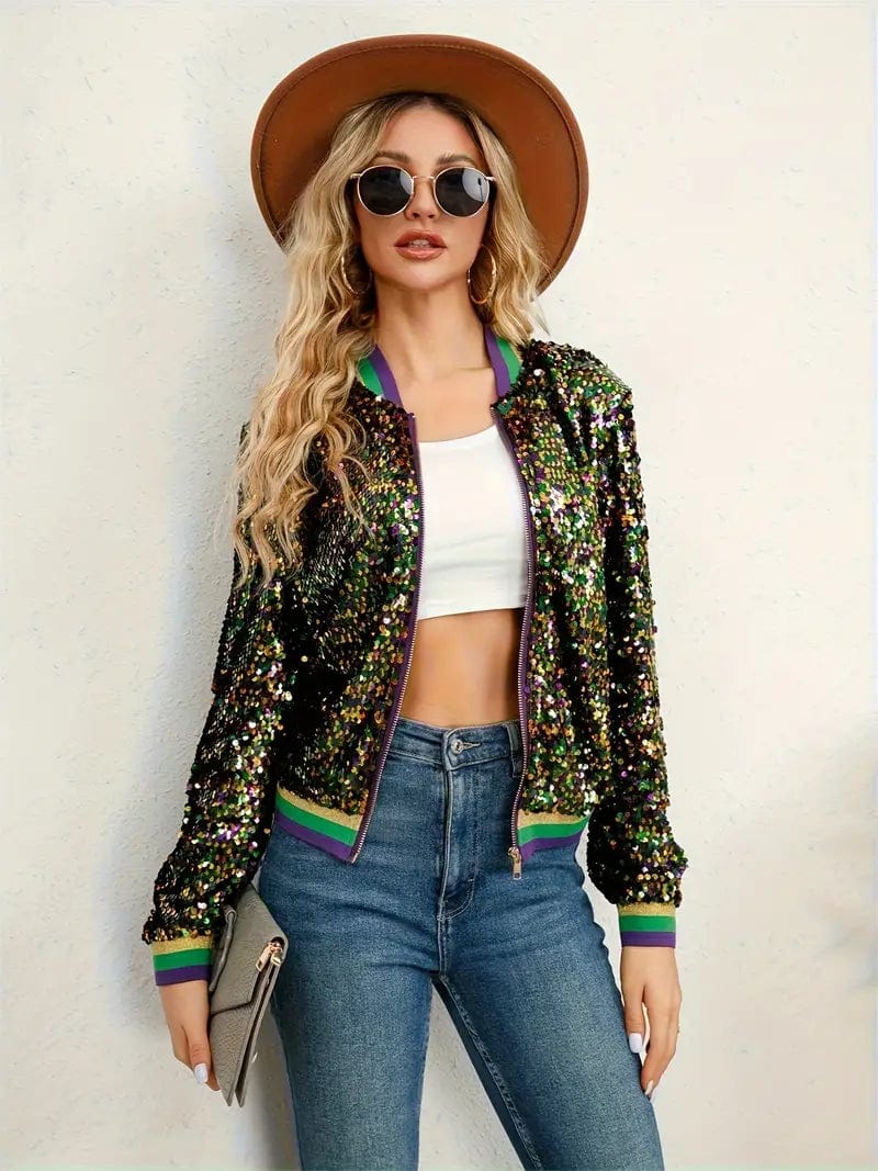 Sequin Bomber Jacket with Zipper Closure and Long Sleeves, Stylish Women's Outerwear