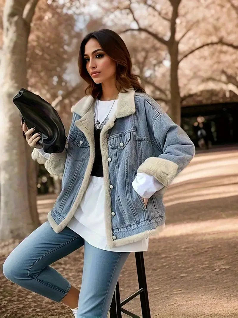 Reversible Women's Winter Denim Coat with Fleece Lining and Loose Fit Flap Pockets