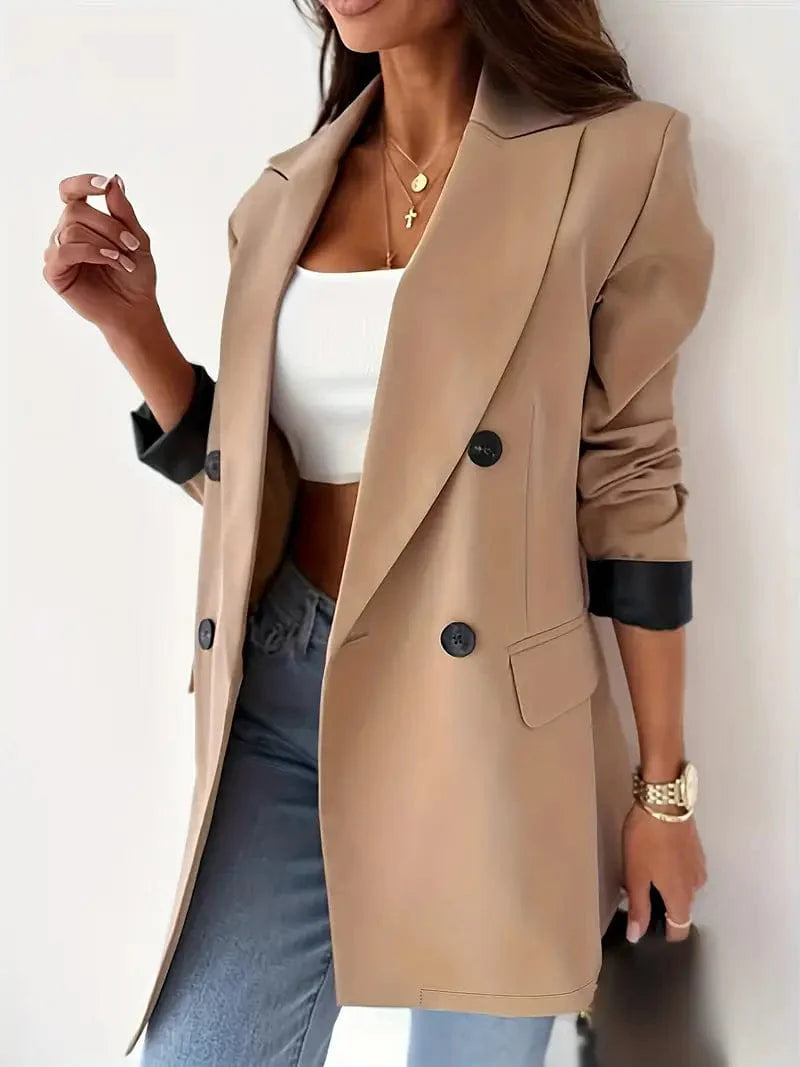Lapel Blazer with Button Front, Women's Casual Long Sleeve Office Outerwear