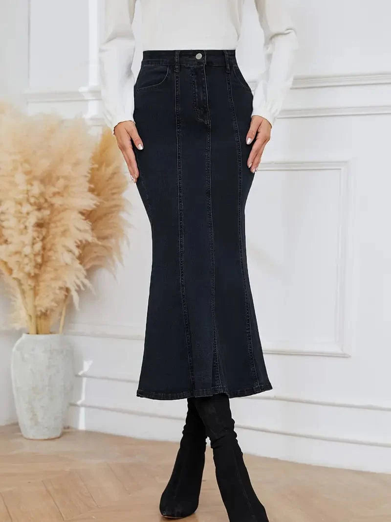 Mermaid Denim Skirt with Slant Pockets - Stretch High Waist Women's Denim Midi Skirt