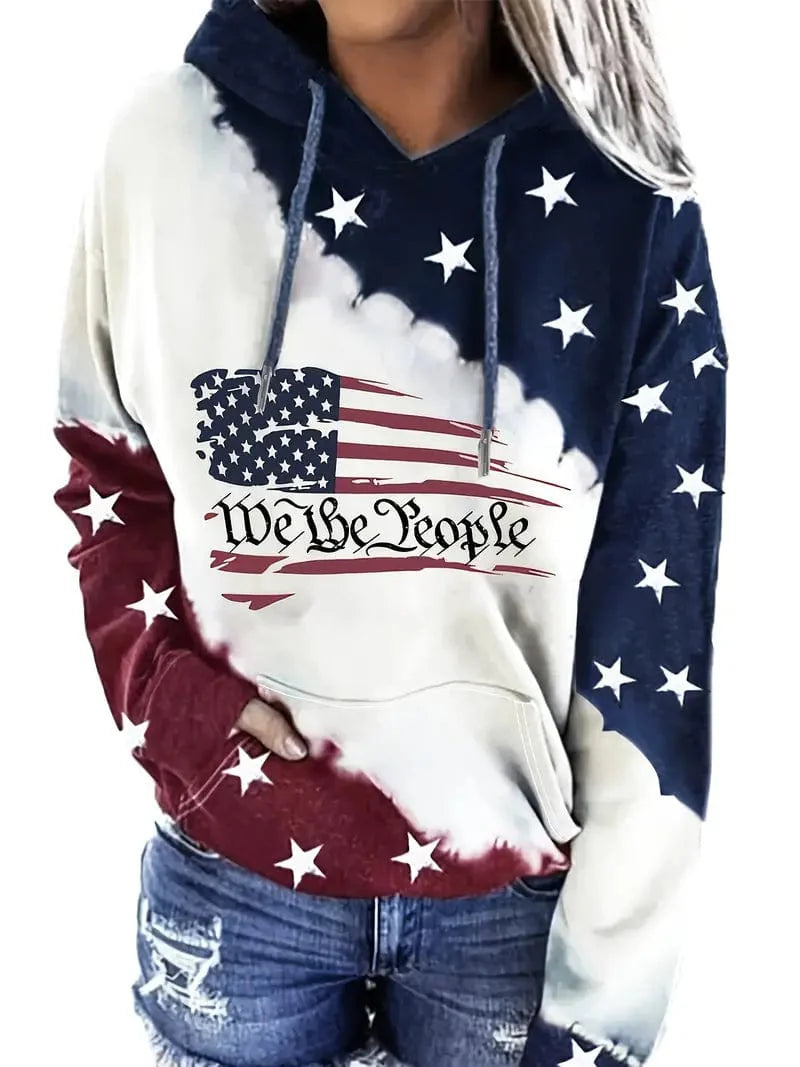 Hoodie with American Flag Print and Kangaroo Pocket, Women's Casual Long Sleeve Sweatshirt.