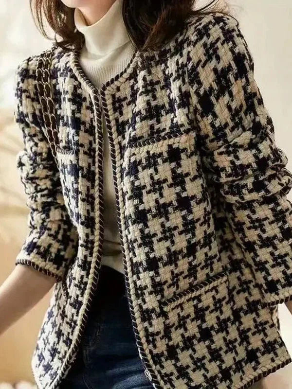 Stylish Plaid Jacket with Long Sleeve Crew Neck, Open Front Women's Outerwear