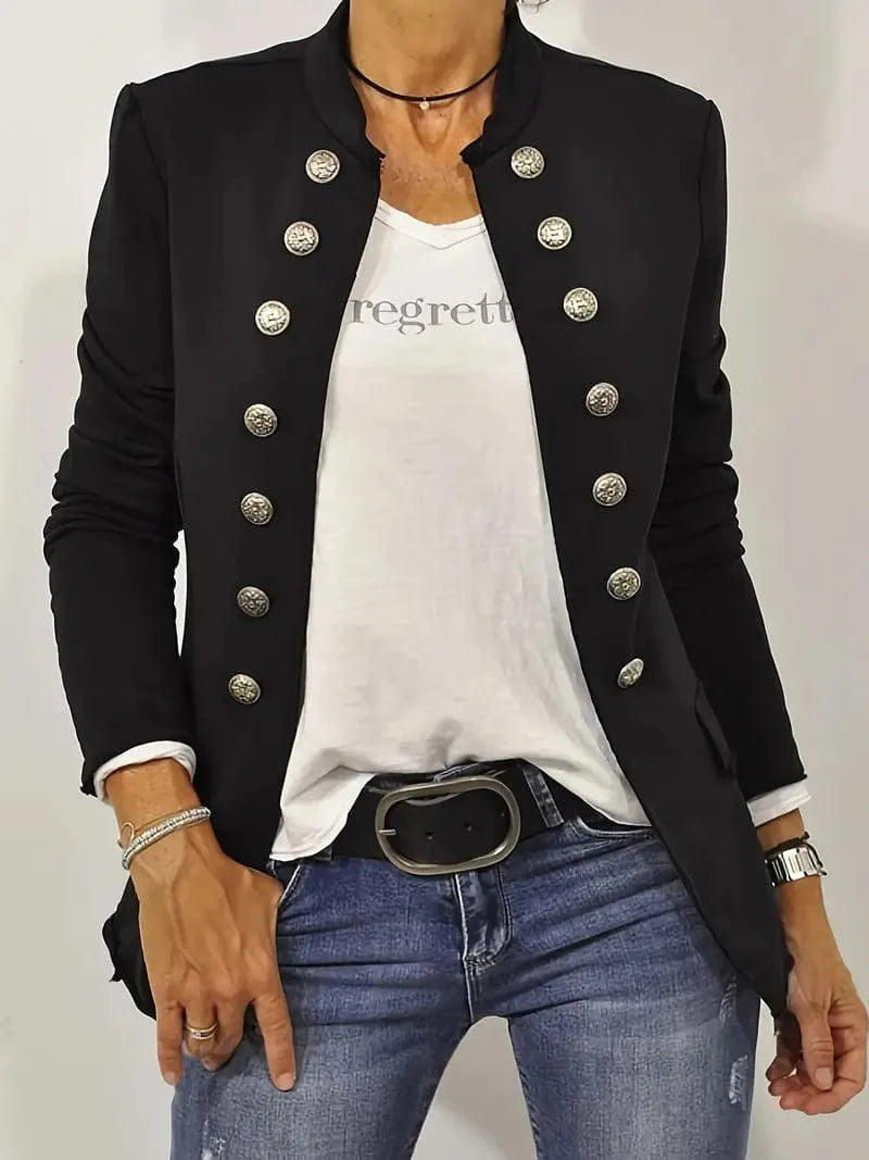 Solid Open Front Blazer with Button Detail - Women's Stylish Work Outerwear