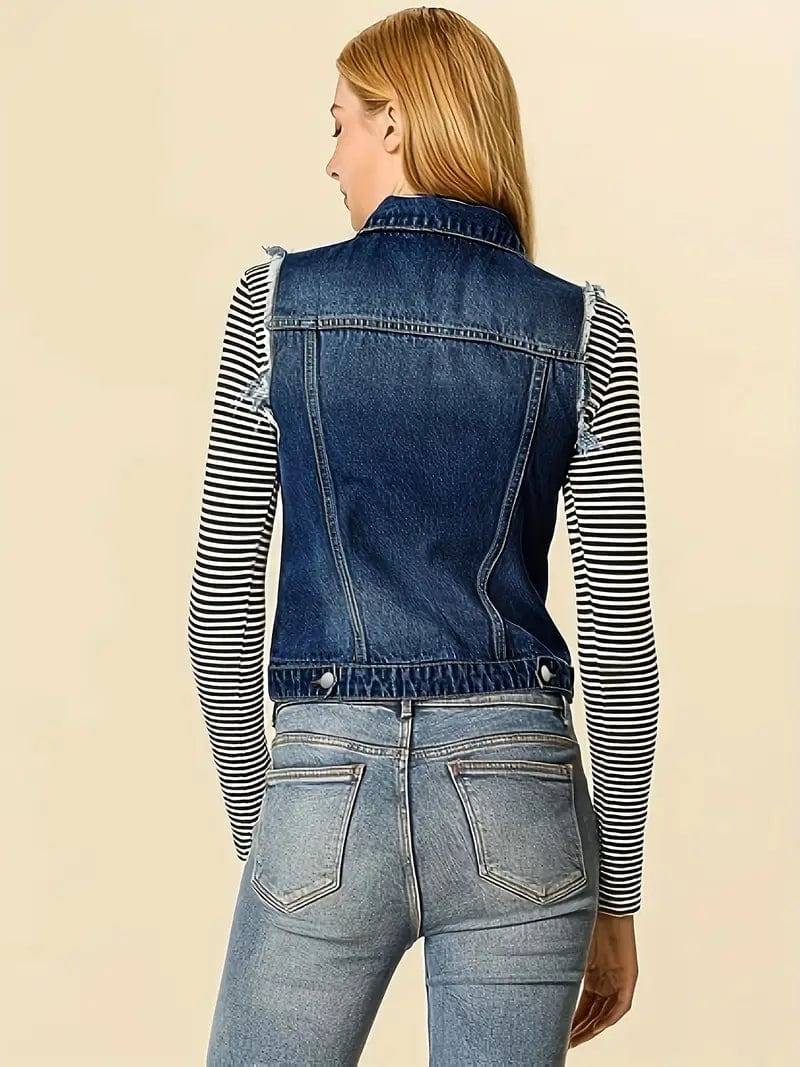 Washed Denim Sleeveless Vest with Distressed Ripped Lapel, Women's Denim Jacket Collection