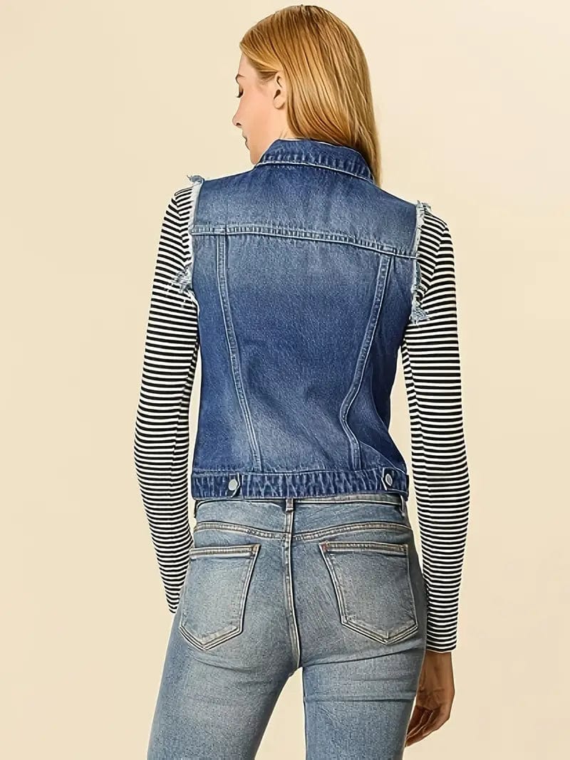 Washed Denim Sleeveless Vest with Distressed Ripped Lapel, Women's Denim Jacket Collection